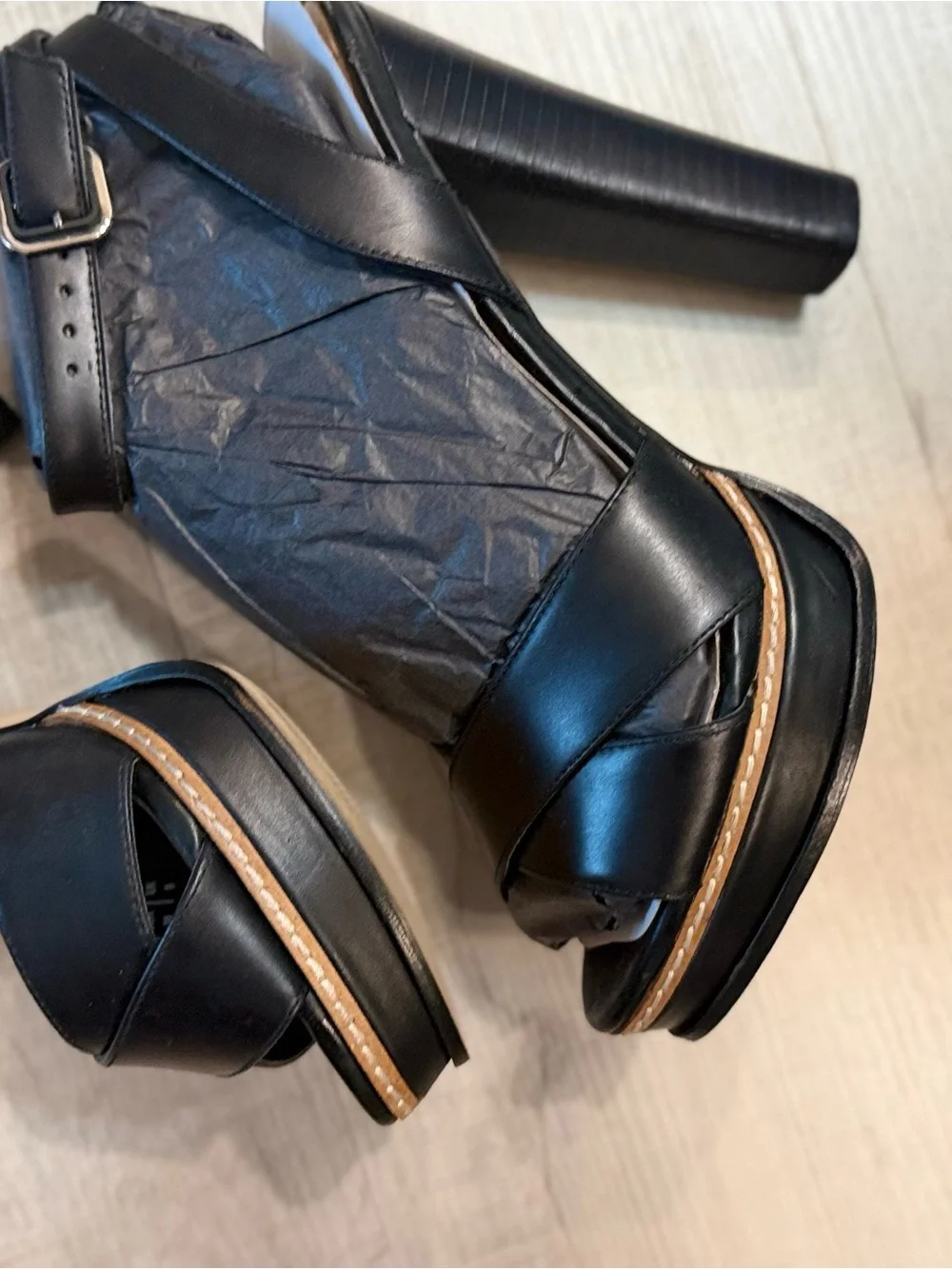 Aldo Black Leather Platform Ankle-Strap Heels